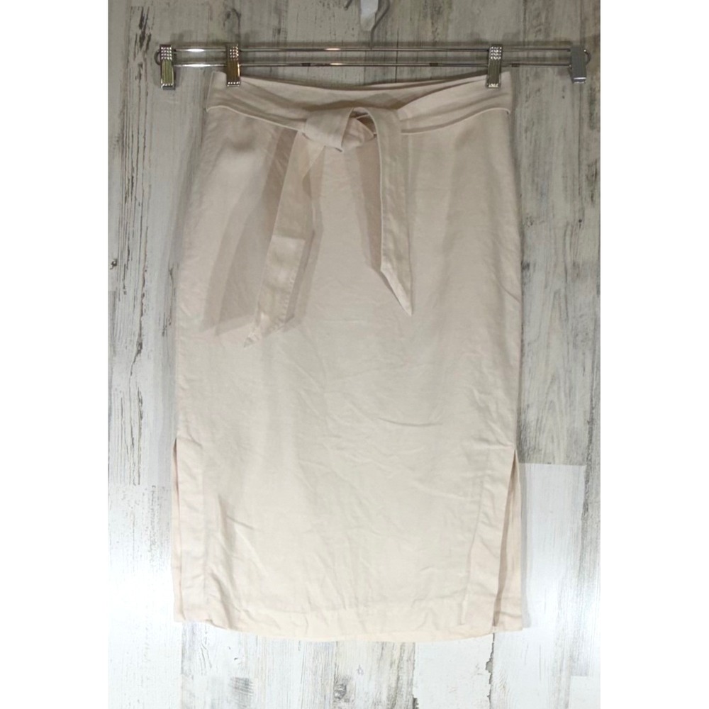 Talbots Pencil Skirt 2 (27x27) Cream 100% Linen Belted Side Slits Lined Midi